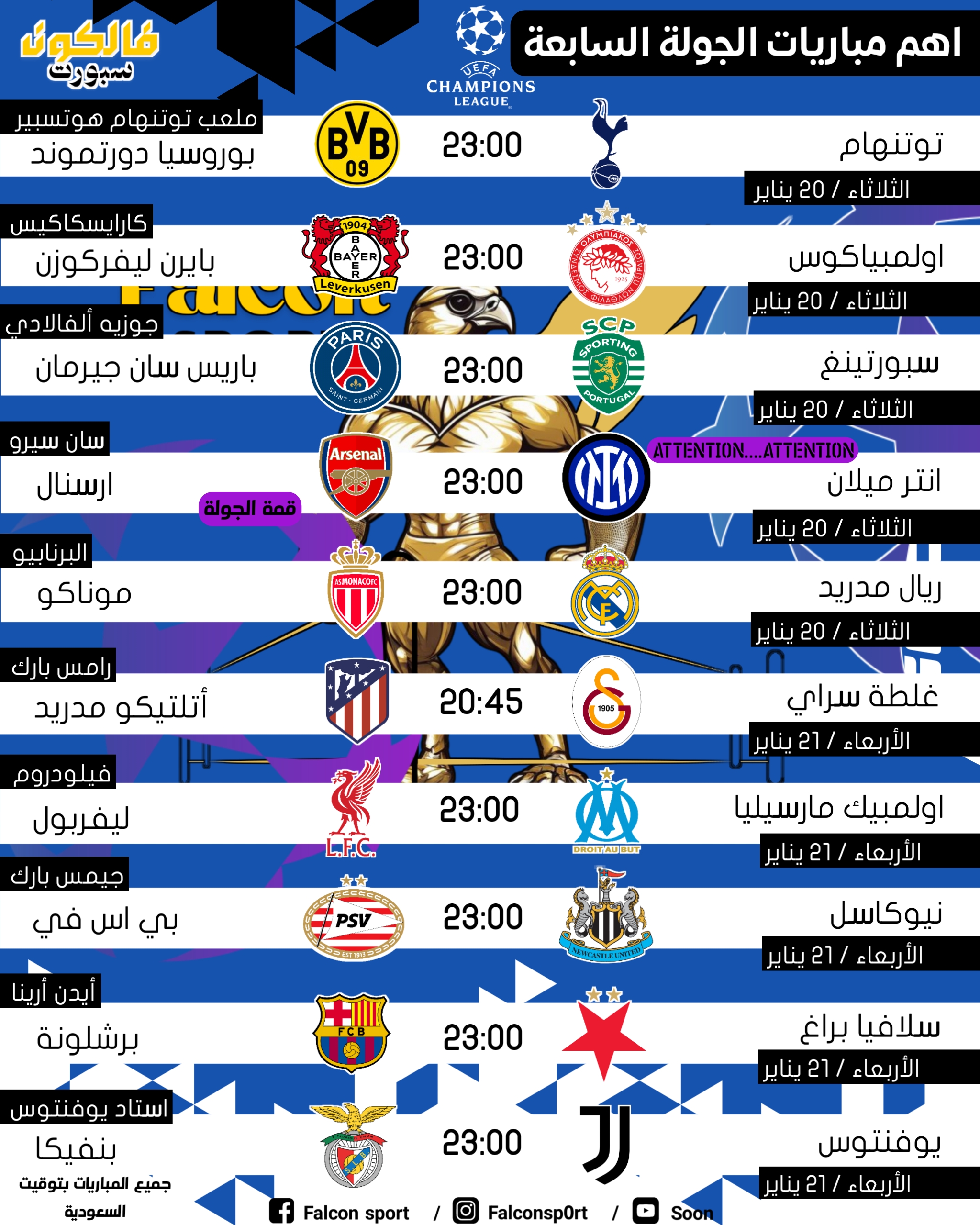 جدول مباريات الجولة ٧ من دوري أبطال أوروبا